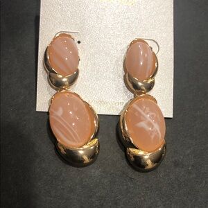 Natasha couture gold tone pink peach colored cabochon stone look dangle earrings